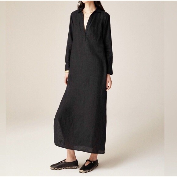 J.Crew Bungalow Maxi Popover Dress in Linen XXL Black by802 - Picture 1 of 12